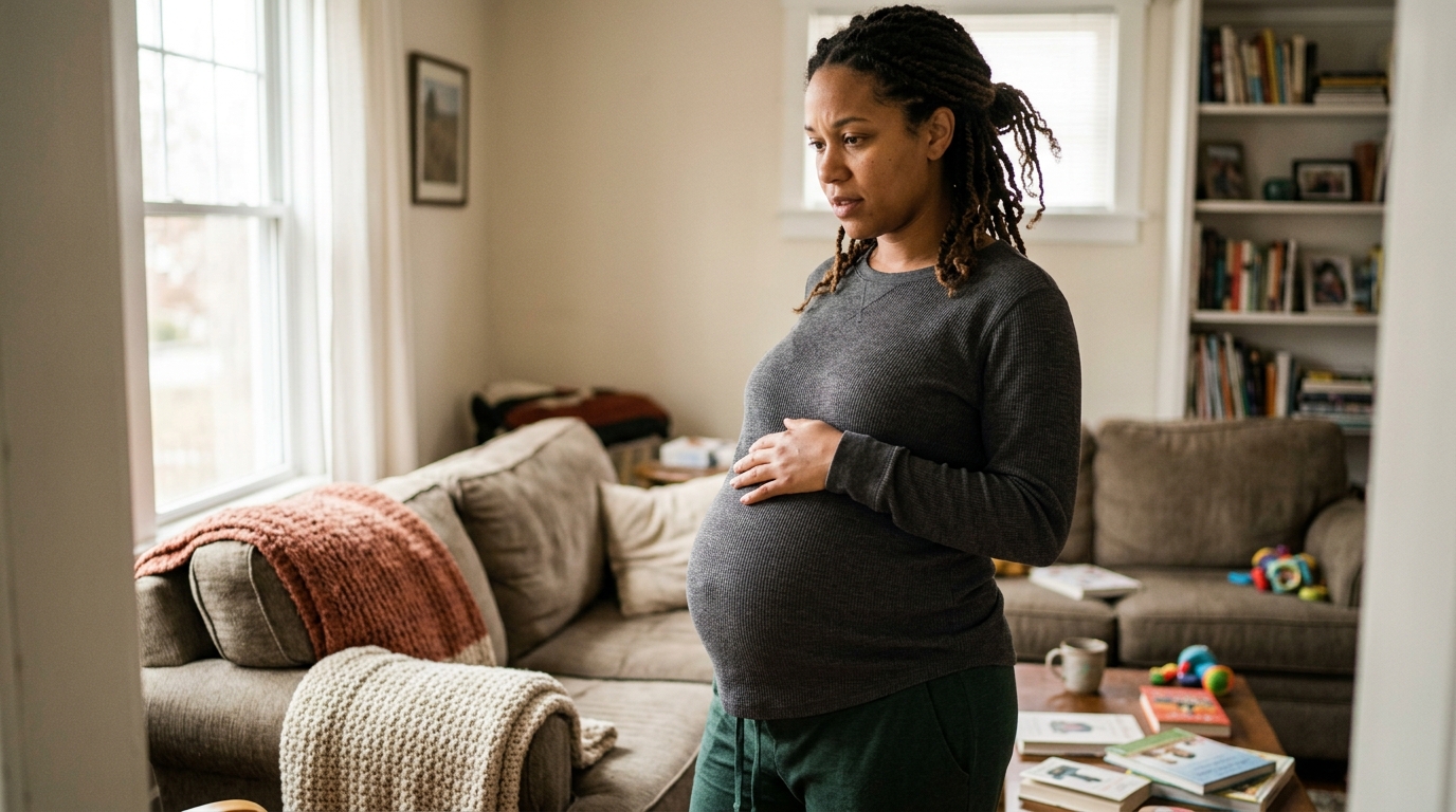 A pregnant woman in her third trimester resting a hand on her belly while checking the time on her phone at home.