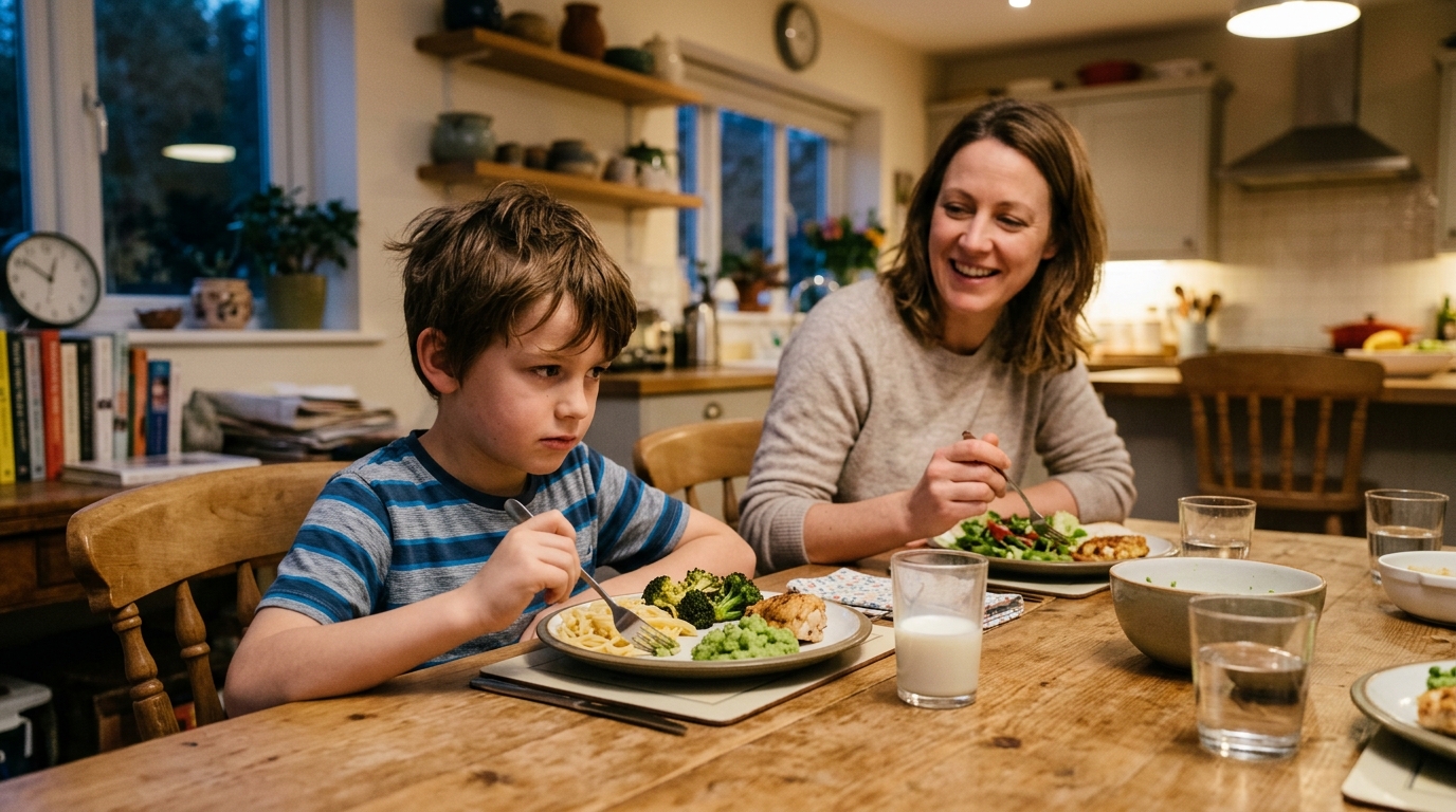 A seven year old sitting at a family dinner table looking warily at a plate with some new food next to a familiar safe food