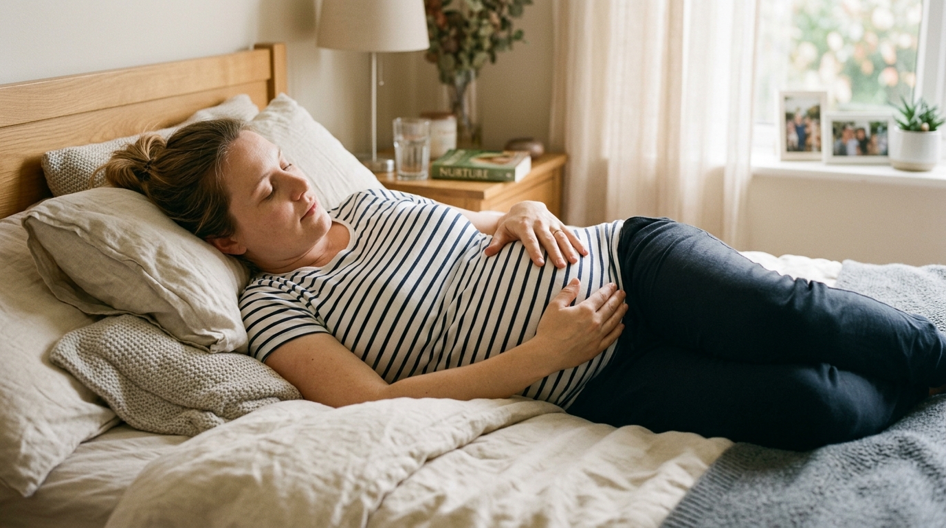 A pregnant woman in her third trimester lying on her left side with both hands resting on her bump feeling for movement