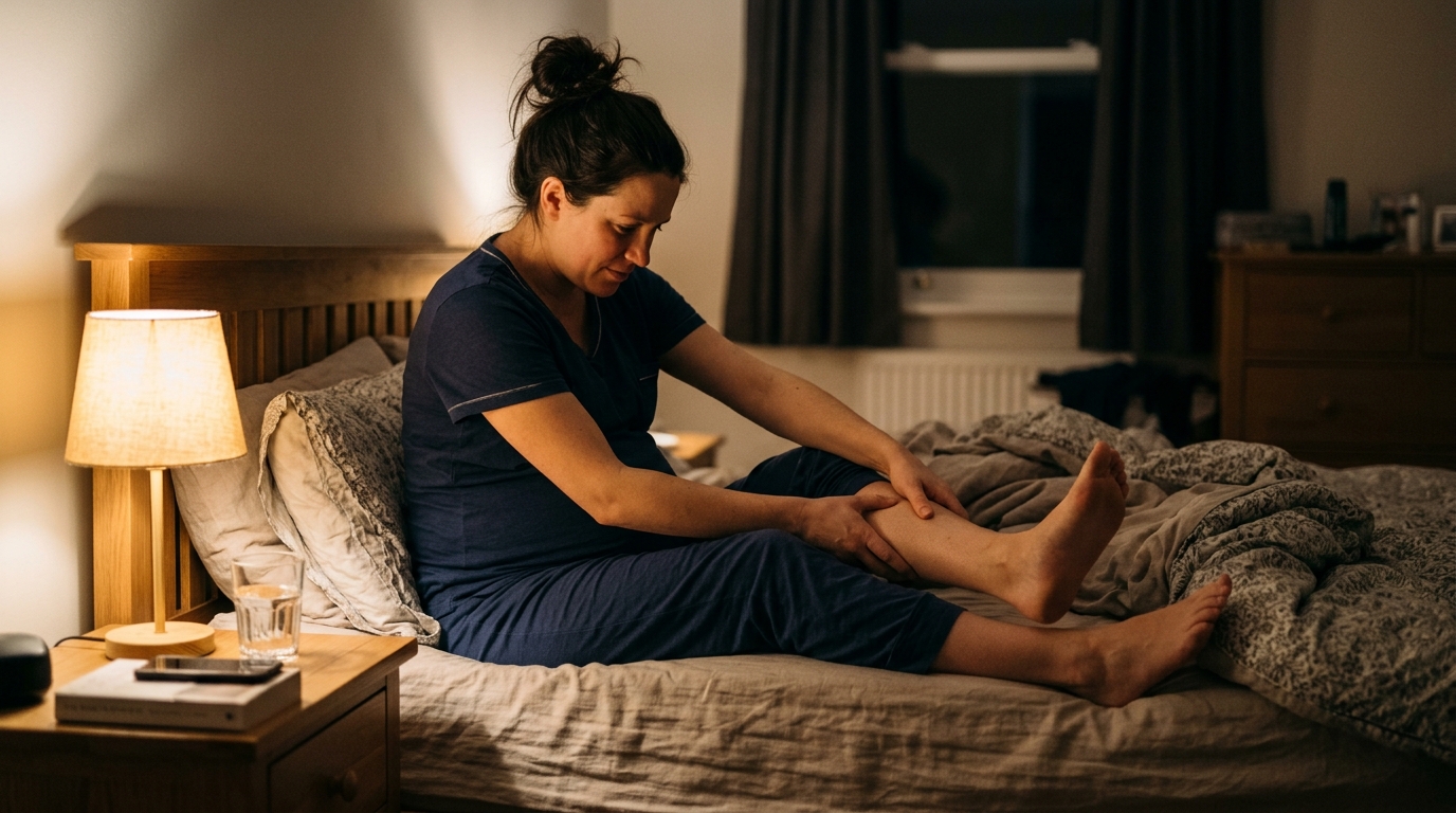 A pregnant woman sitting up in bed at night reaching toward her lower leg