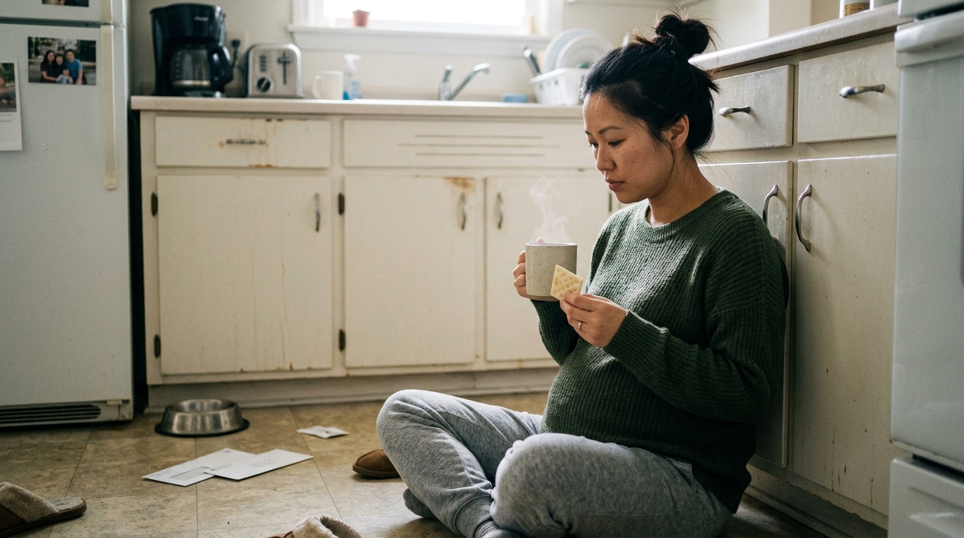 A pregnant woman sitting up in bed nibbling a plain cracker with a glass of water and ginger tea on the nightstand