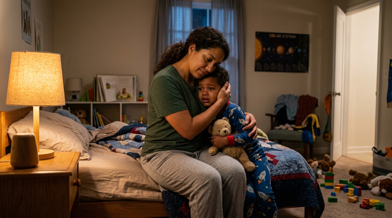 A young child sitting up in bed at night reaching for a parent, with a soft night light glowing in the corner of the room.