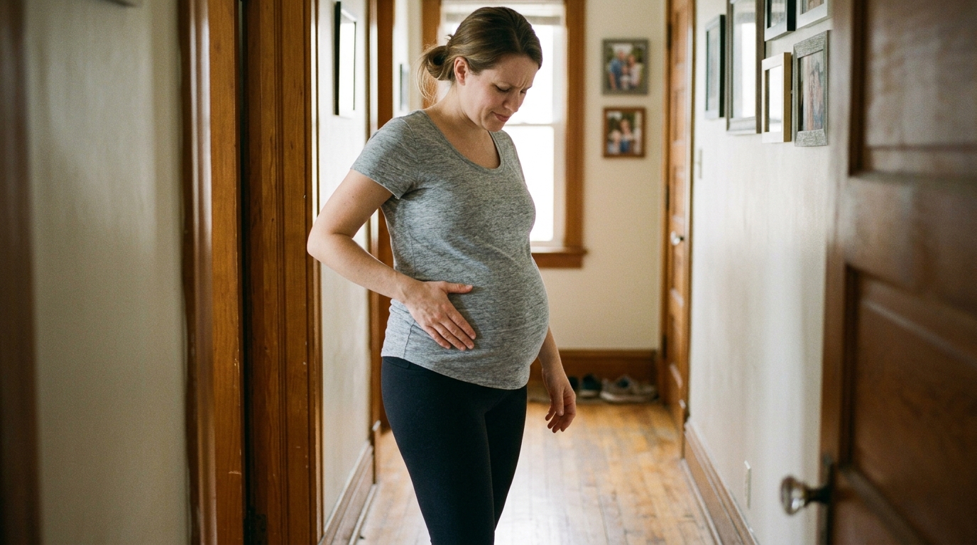 A pregnant woman in the second trimester resting a hand low on the side of her bump while sitting down