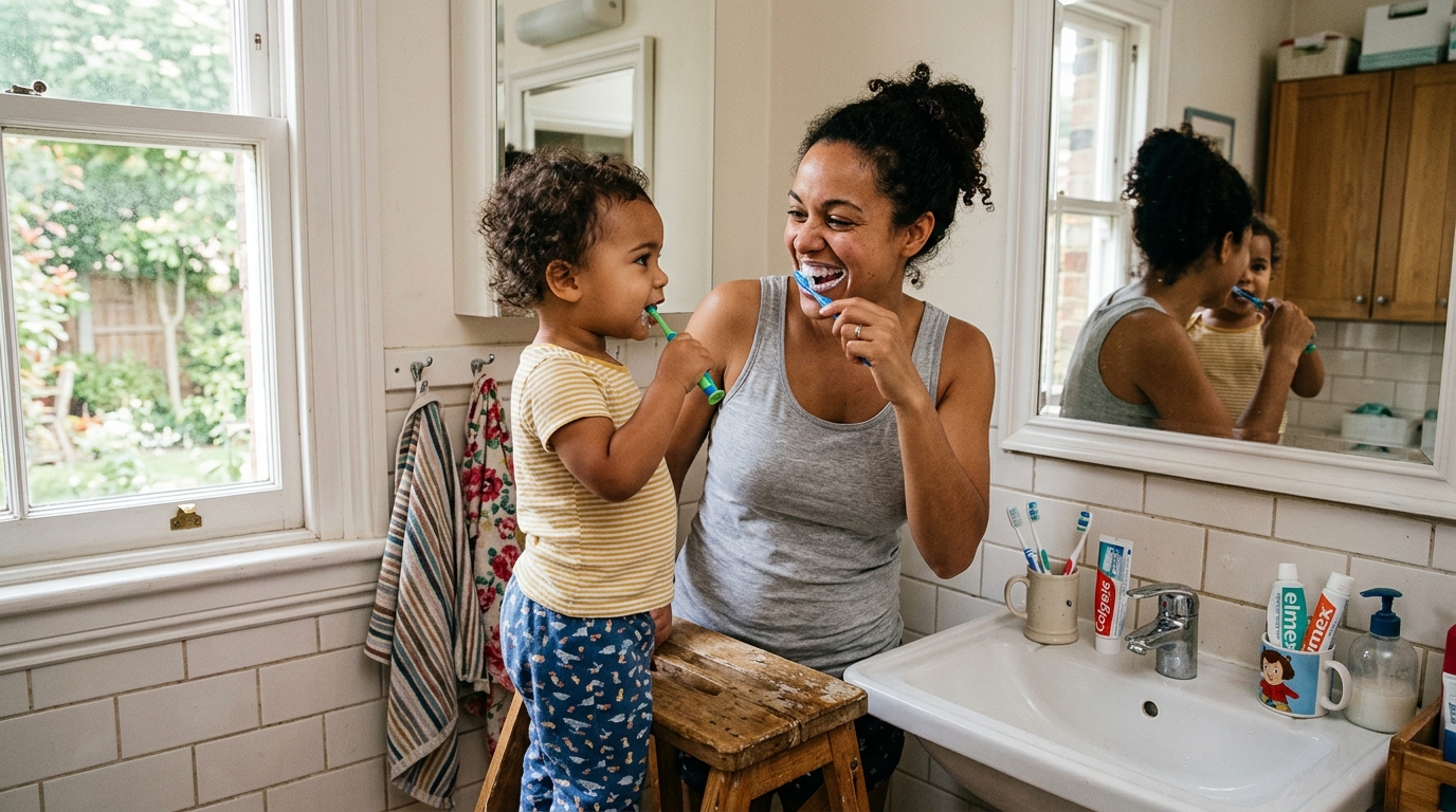 A toddler in pajamas holding a toothbrush and grinning in a bright bathroom while a parent kneels beside them.