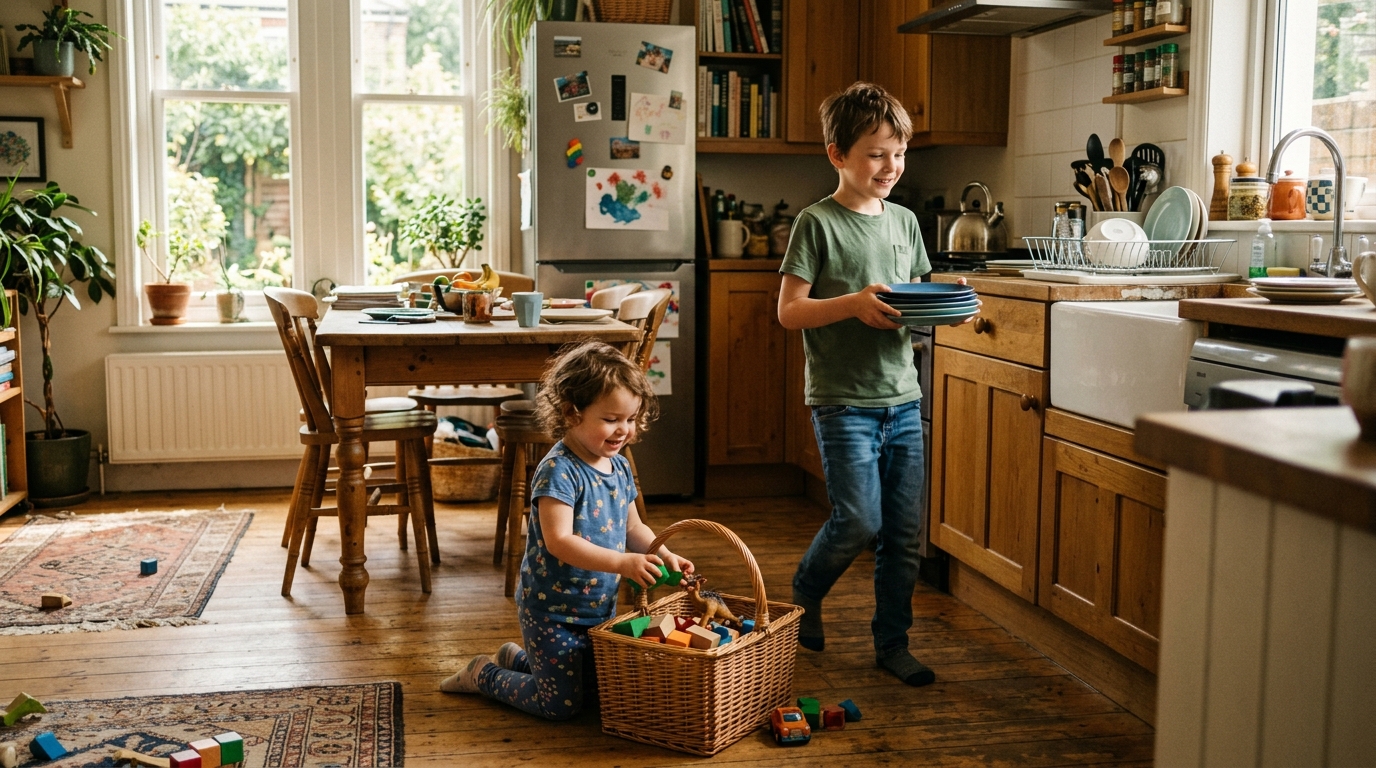 Two siblings doing small chores in a kitchen, a toddler putting toys into a basket while an older child carries plates to the counter