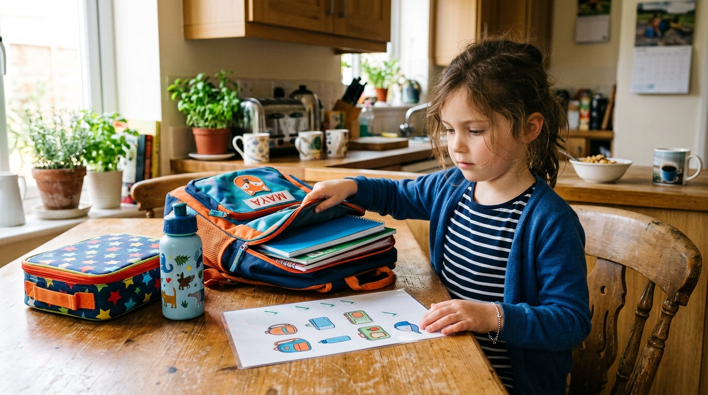 Young child packing his school bag at the kitchen table, checking items off a picture checklist with a lunchbox beside the open bag