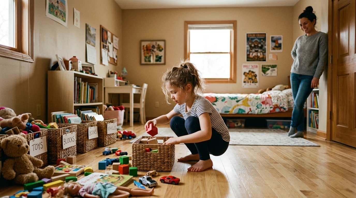 Child putting toys into labelled baskets in their bedroom with half the floor already clear while a parent leans on the doorframe smiling