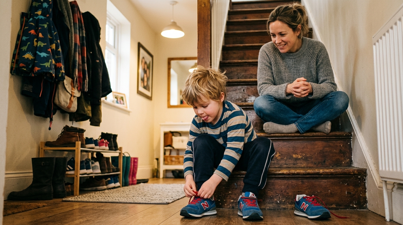 Young child sitting on the bottom stair, tongue out in concentration, tying a shoelace while a parent watches from one stair up