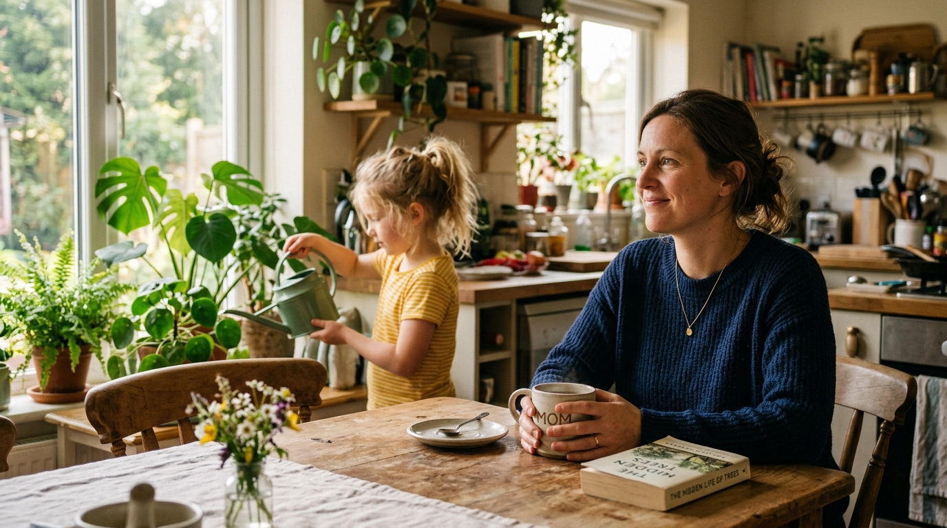 Parent resting at the kitchen table with a cup of tea while a child waters a houseplant in the background