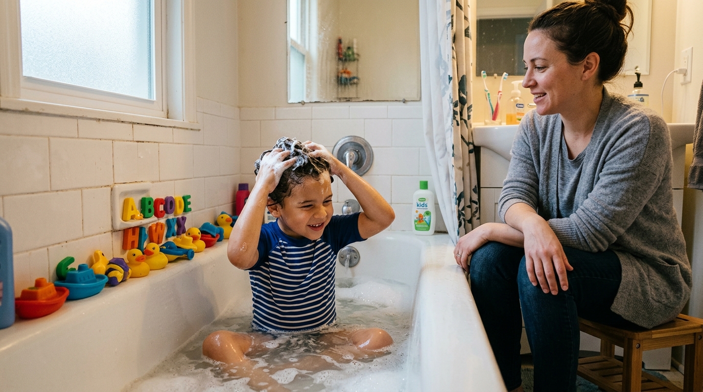 School-age child washing her own hair in the bathtub while her mom sits relaxed nearby chatting