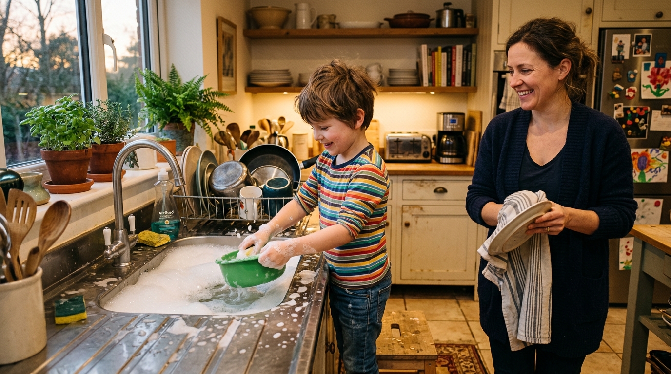 Child on a step stool washing a plastic bowl at the kitchen sink with bubbles everywhere while a parent dries dishes beside them