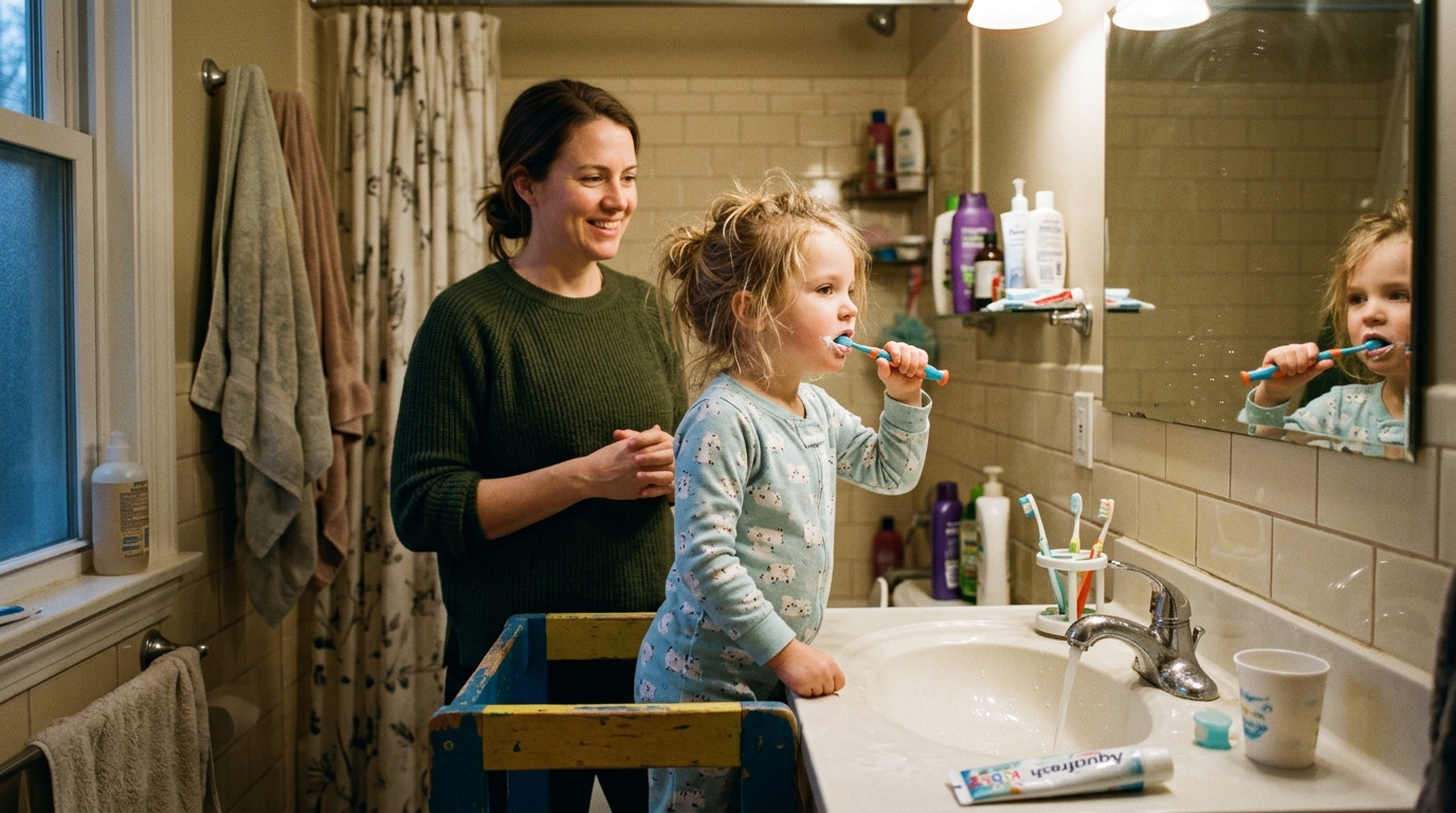 A young child brushing their own teeth at the bathroom sink while a parent stands close by, watching with a smile.