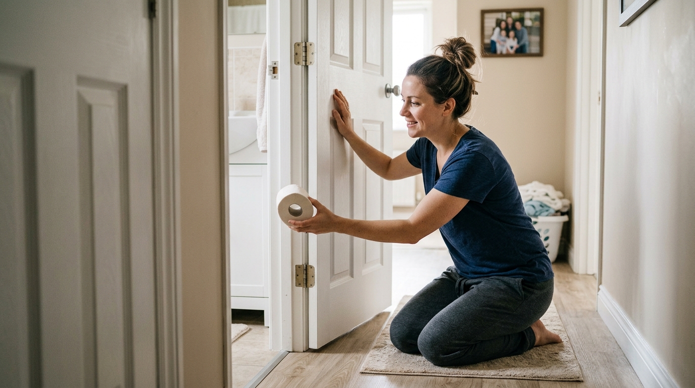 Parent kneeling at a bathroom door, handing a toilet roll through the gap with an encouraging smile