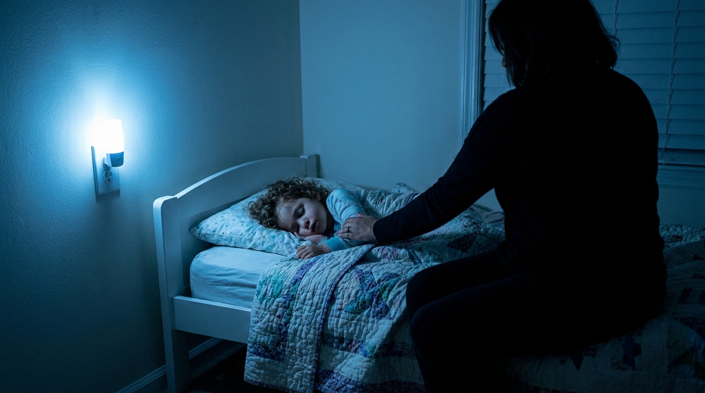 A toddler asleep in a single bed at night with a parent sitting quietly on the edge in dim blue night light.
