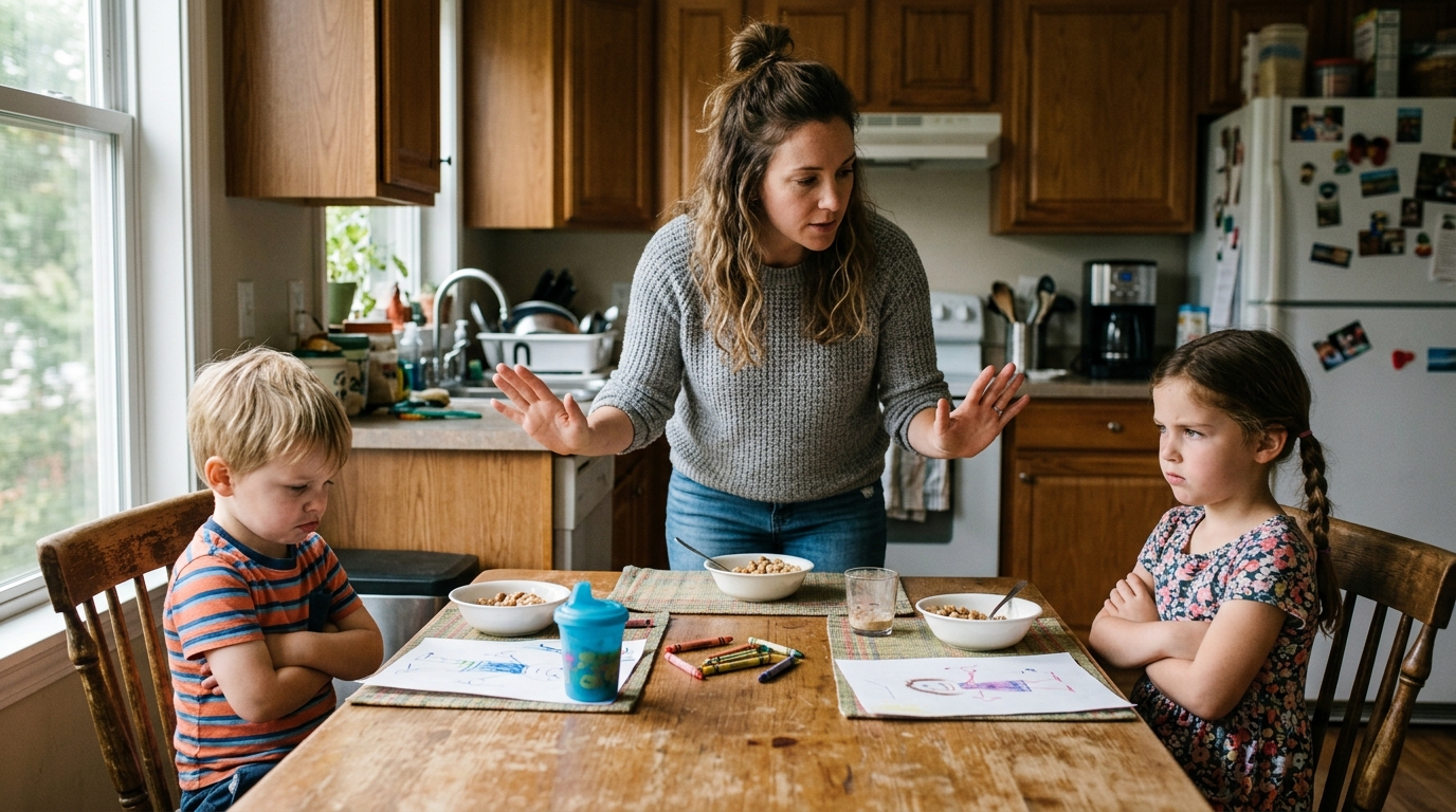 Two siblings around 4 and 7 sitting at a kitchen table not looking at each other, mom standing between them mediating with both hands raised.