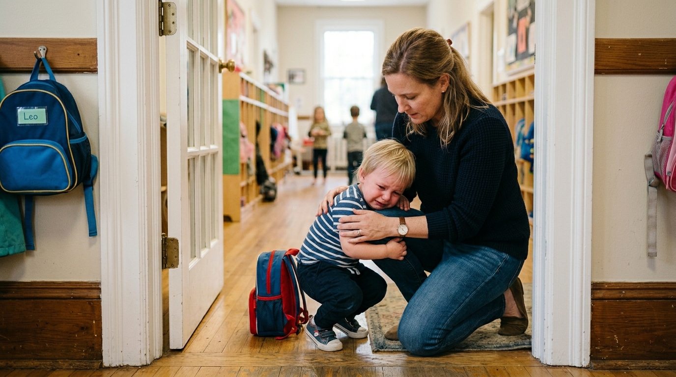 A toddler clinging tightly to a parent's leg in a doorway with the parent kneeling down to comfort with both hands on the toddler's shoulders.